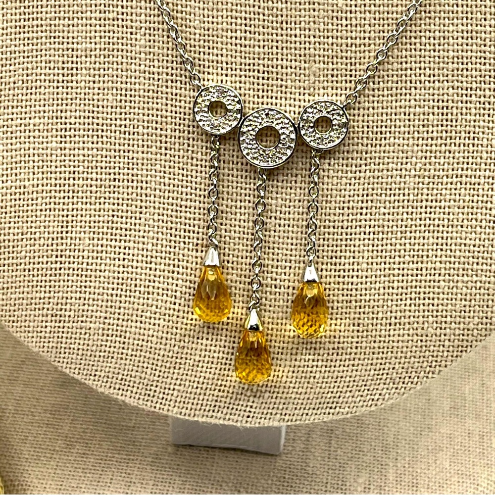 Vintage 10KT White Gold Necklace with Citrine Briolette Drops & Diamond Accents
